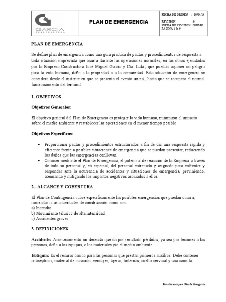 Plan de Emergencia y Evacuación Escolar | PDF | Primeros auxilios ...