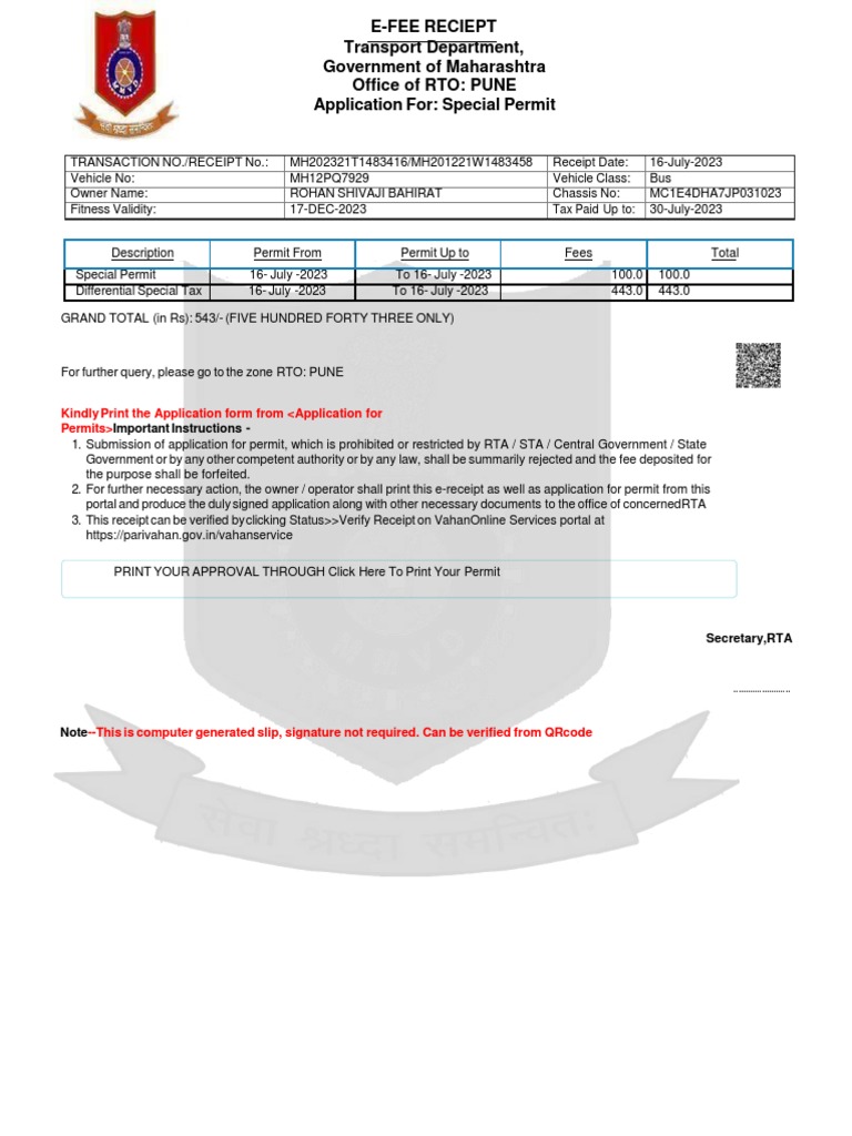 Maharashtra RTO Special Permit Receipt | PDF