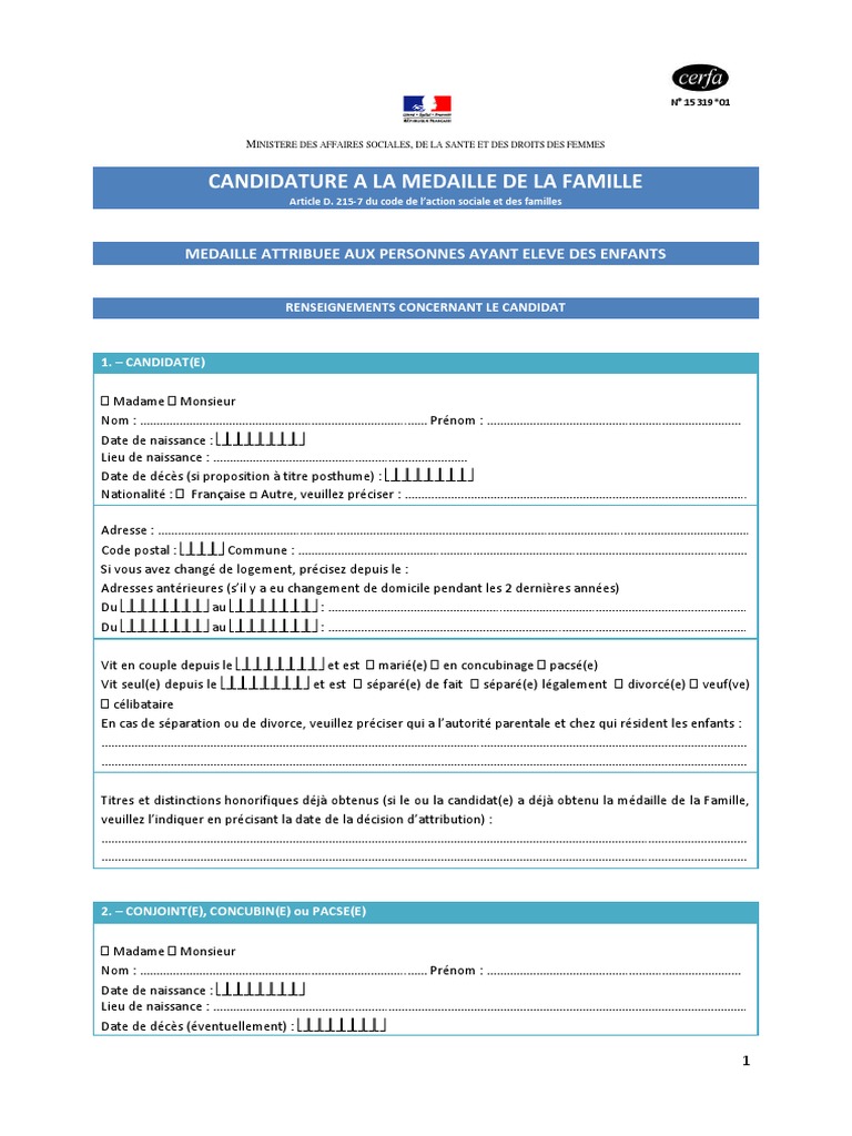 Candidature Médaille de la Famille | PDF | Certificat de naissance