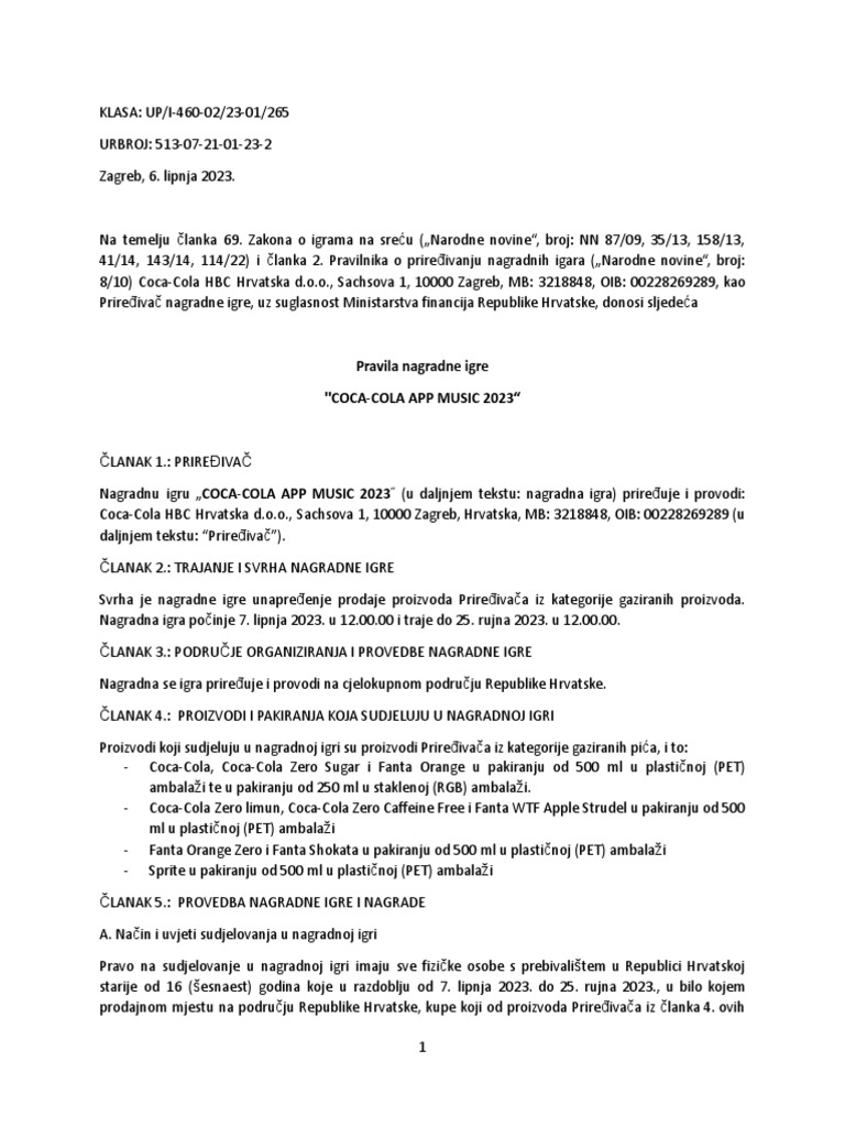 CRO Pravila Nagradne Igre COCA-COLA APP MUSIC 2023 | PDF