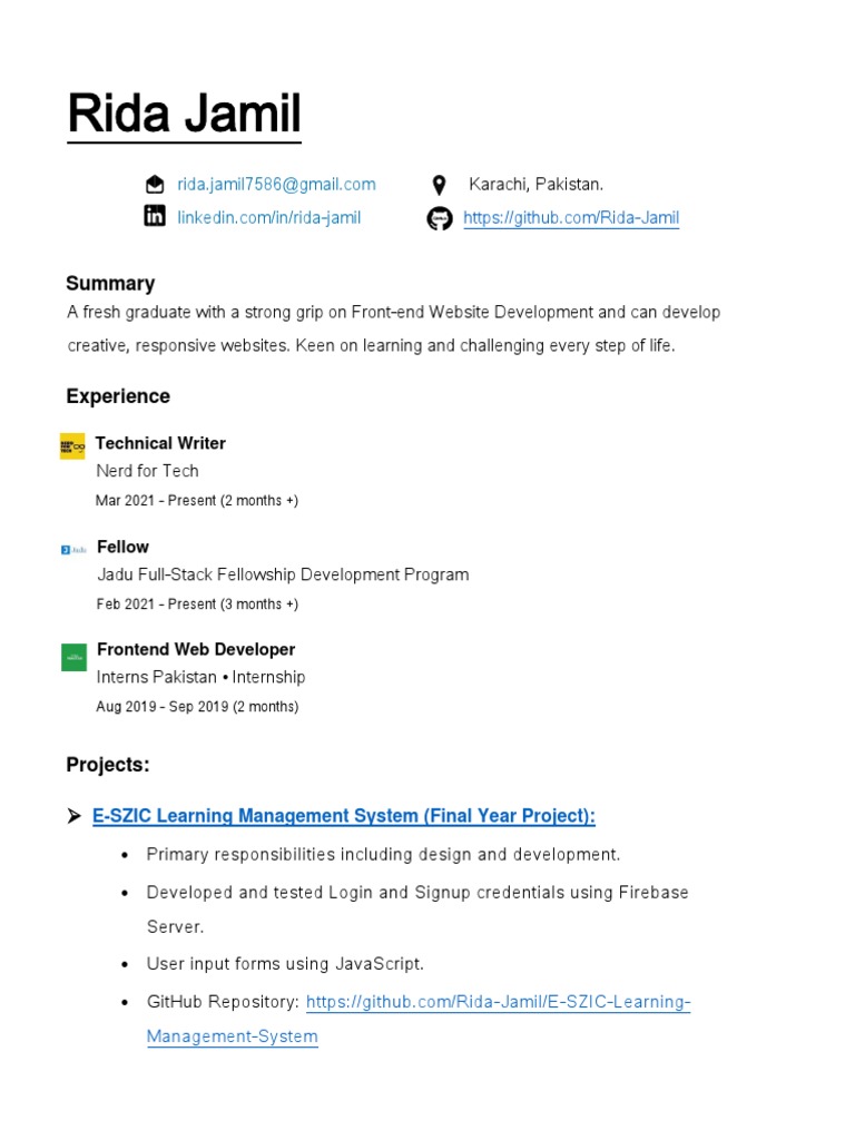Resume Rida Jamil | PDF | Computers