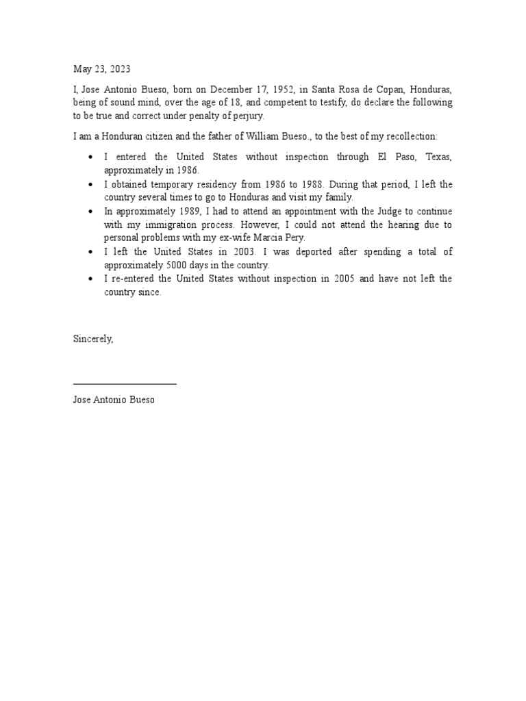 Declaration Matter of Entry Example | PDF