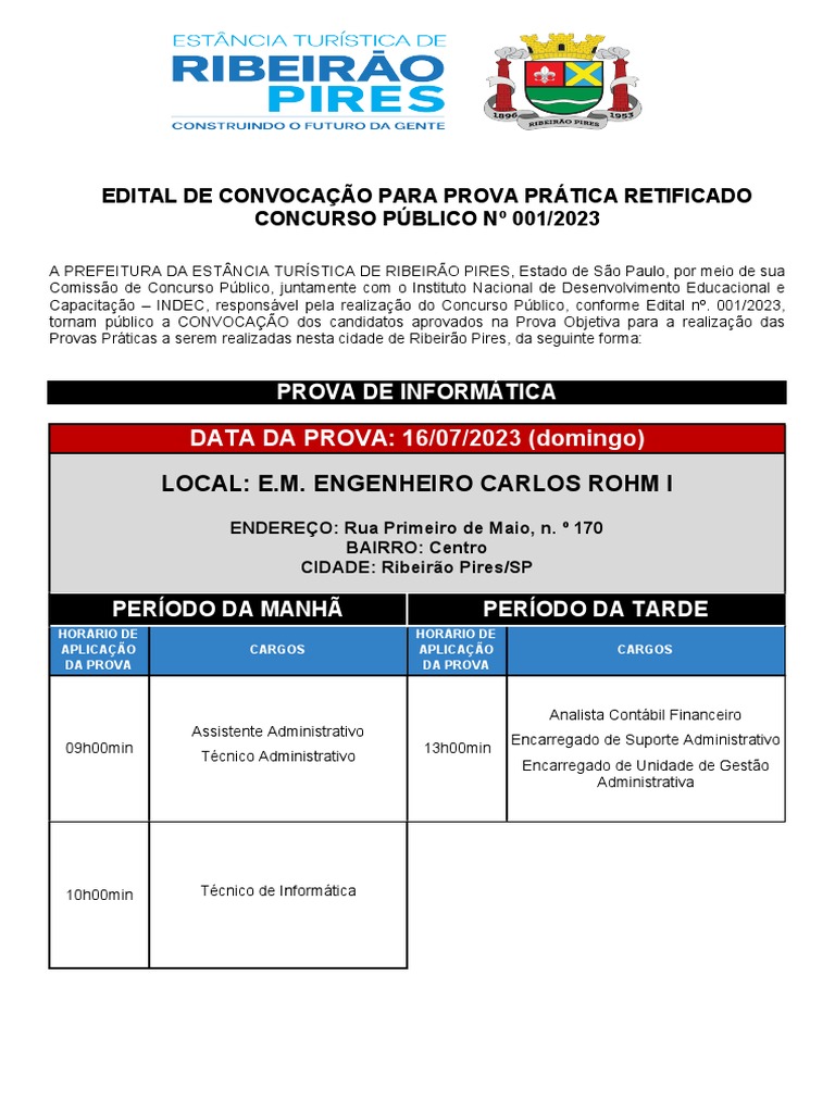 DATA DA PROVA: 16/07/2023 (Domingo) : Local: E.M. Engenheiro Carlos ...