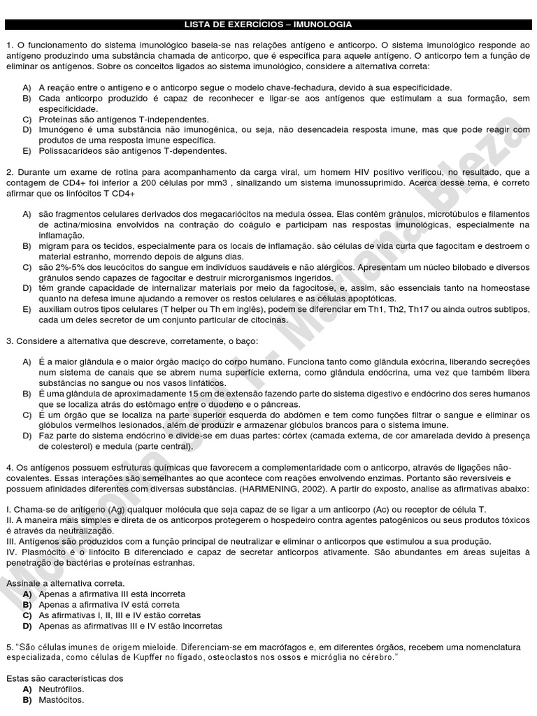 Exercícios sobre Sistema Imunológico | PDF | Sistema imunológico ...