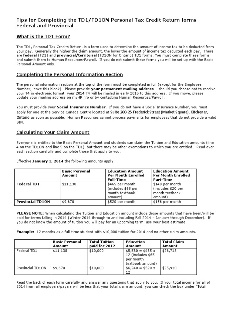 Tips For Completing The td1 Forms PDF Payroll Tax Tax
