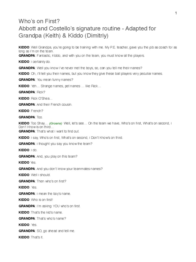 Abbott \u0026 Costello - Who's On First? v2 | PDF | Pitcher | Positions (Team  Sports), image size:768x1024