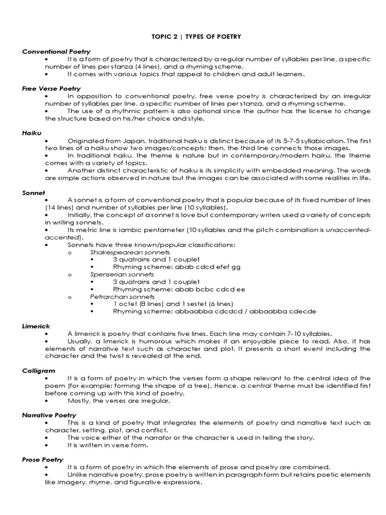 Sparknotes Types Of Poetry
