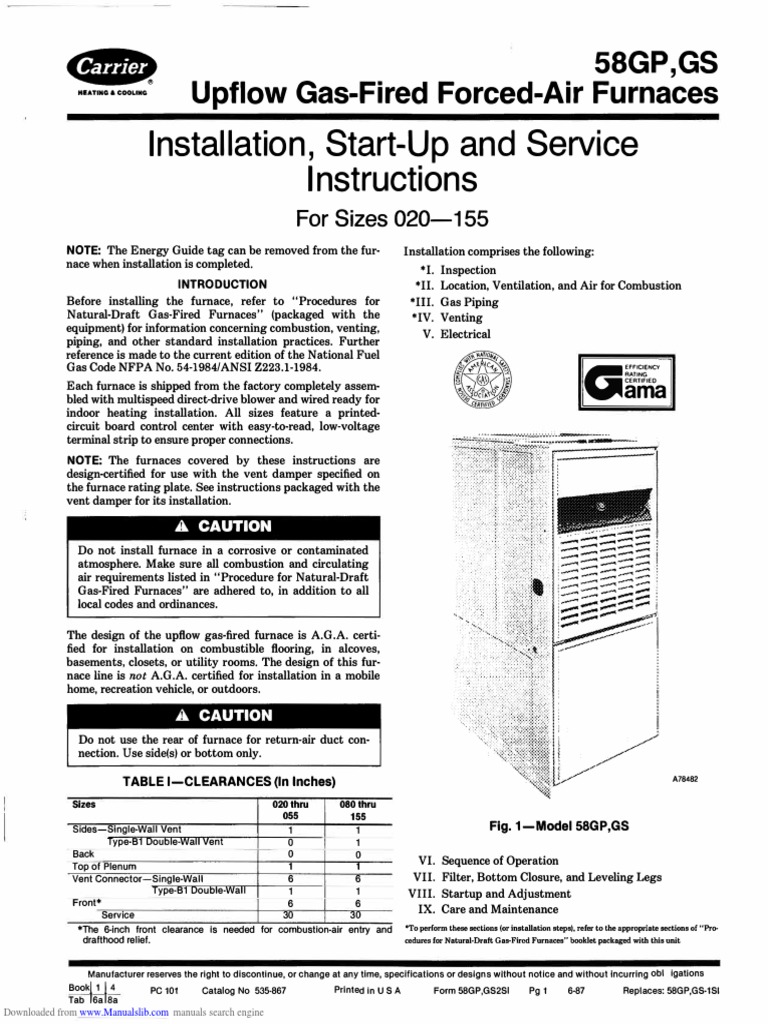 Installation, StartUp and Service Instructions 58GP, GS Upflow Gas