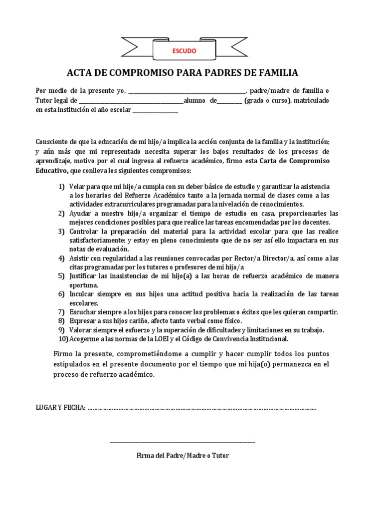 Acta de Compromiso para Padres de Familia | PDF | Aprendizaje ...