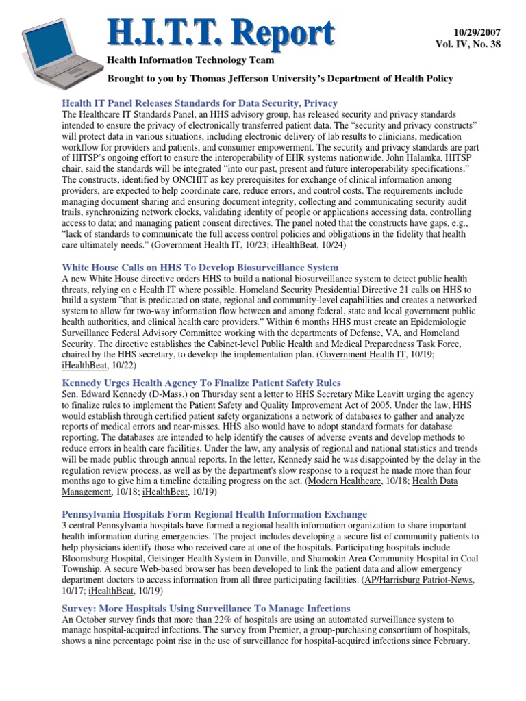 HITTTeamReport 10 29 07 | PDF | Electronic Health Record | Patient Safety
