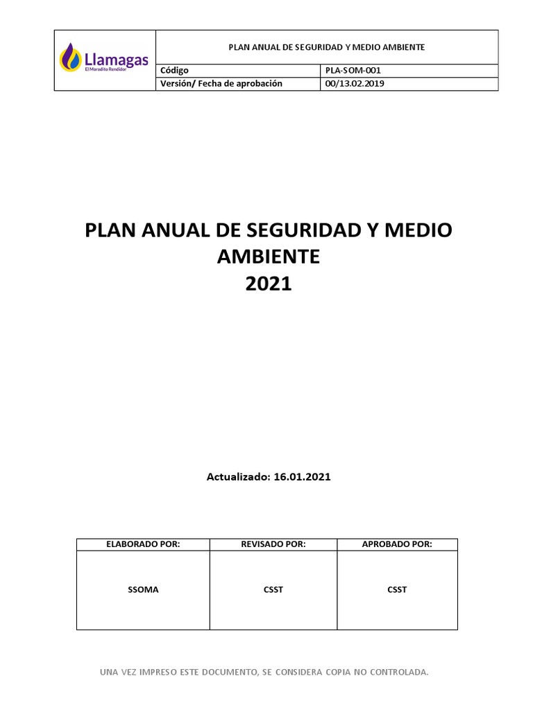 Plan Anual de Seguridad y Medio Ambiente 2021 | PDF | Seguridad y salud ...