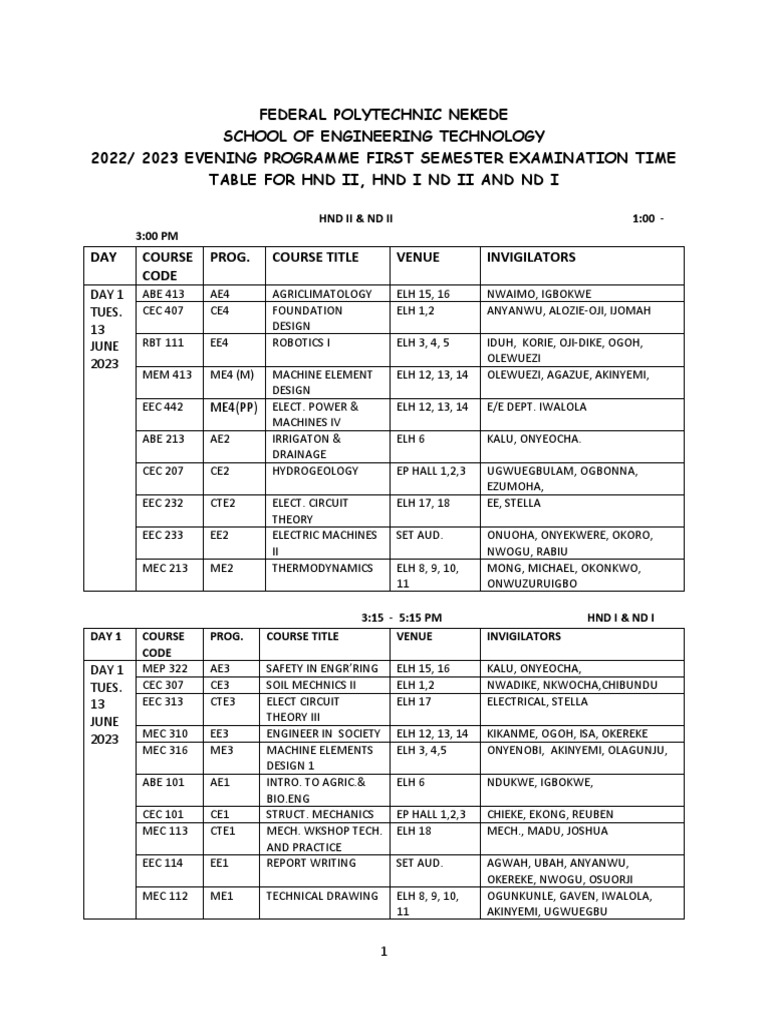 Nekede Polytechnic Engineering Exam Schedule 2023 | PDF | Engineering | Electrical Engineering