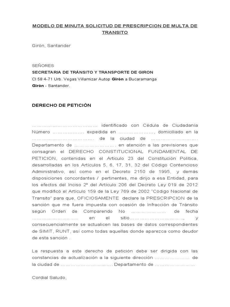 Solicitud de Prescripción de Multa de Tránsito | PDF