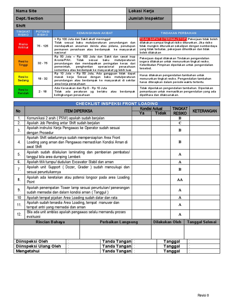 Inspeksi Area Front Loading Tambang | PDF