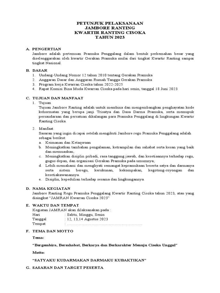 Petunjuk Pelaksanaan Jambore Ranting 2023 | PDF