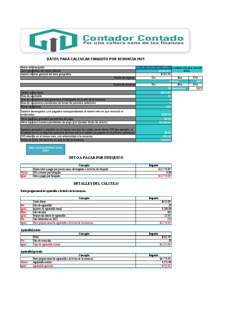 Calculadora de Finiquito 2021 PDF Economias