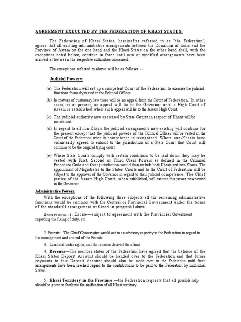 Khasi States Federation Agreement | PDF | State Court (United States ...