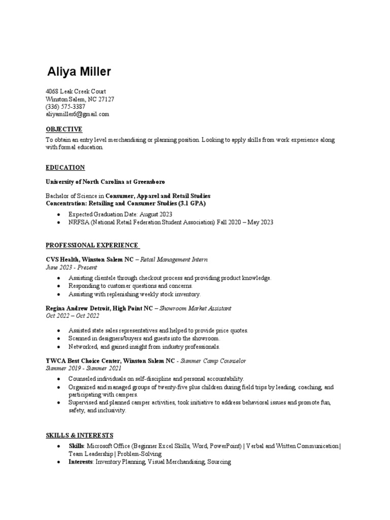 Aliya Miller Resume 2023 | PDF