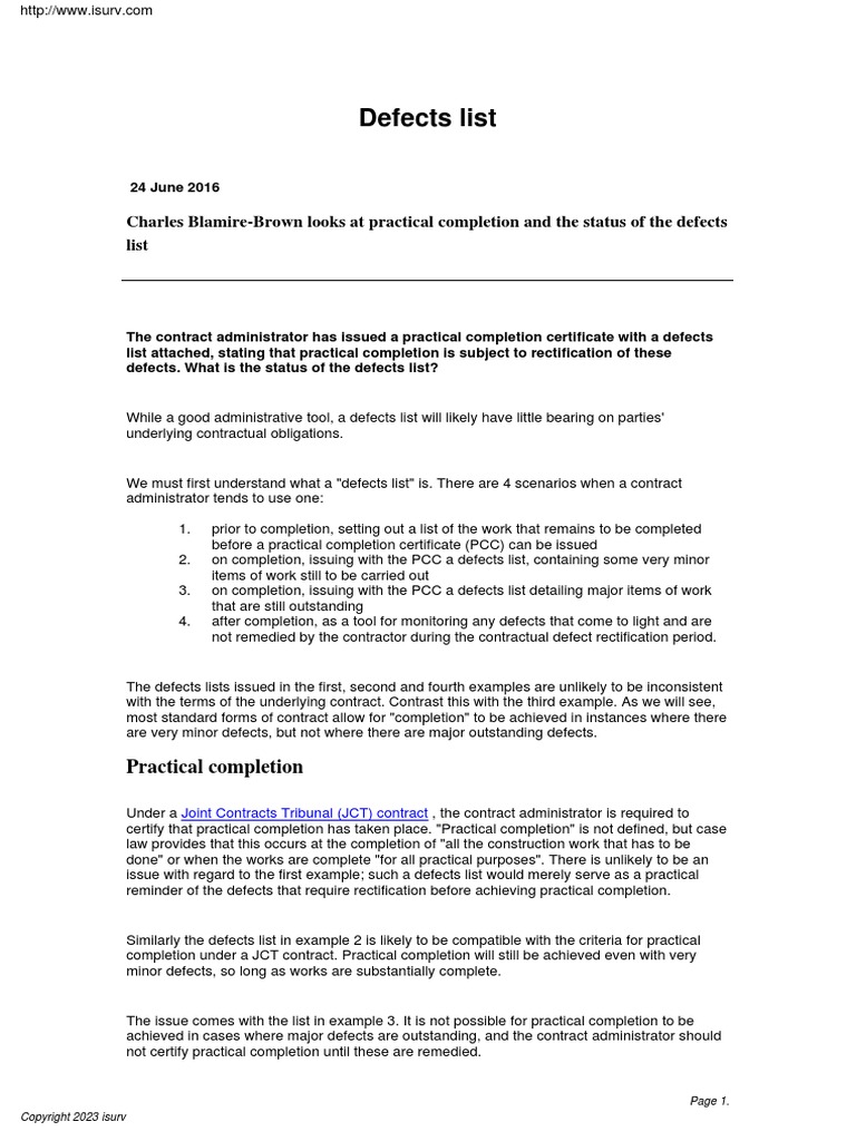 Legal questions status of the defects list pdf