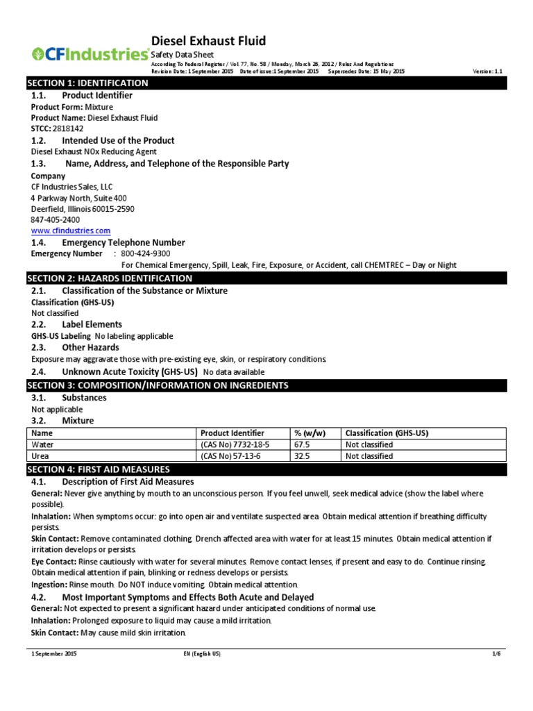 Diesel Exhaust Fluid Sds Na Final PDF Personal Protective Equipment