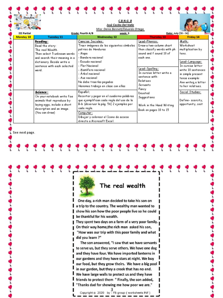 Fourth grade agenda w3 pdf