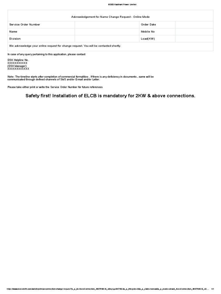 BSES Name Change Request Form PDF