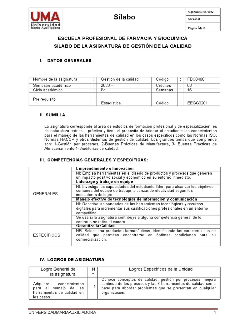Sílabo de Gestión de la Calidad 2023 | PDF | Calidad (comercial ...
