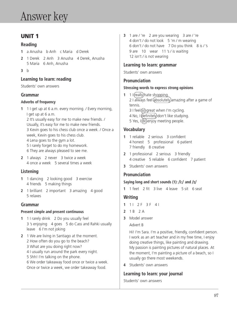 Voices A2/B1 Unit 1 Answer Key | PDF | Tomato Sauce | Linguistics