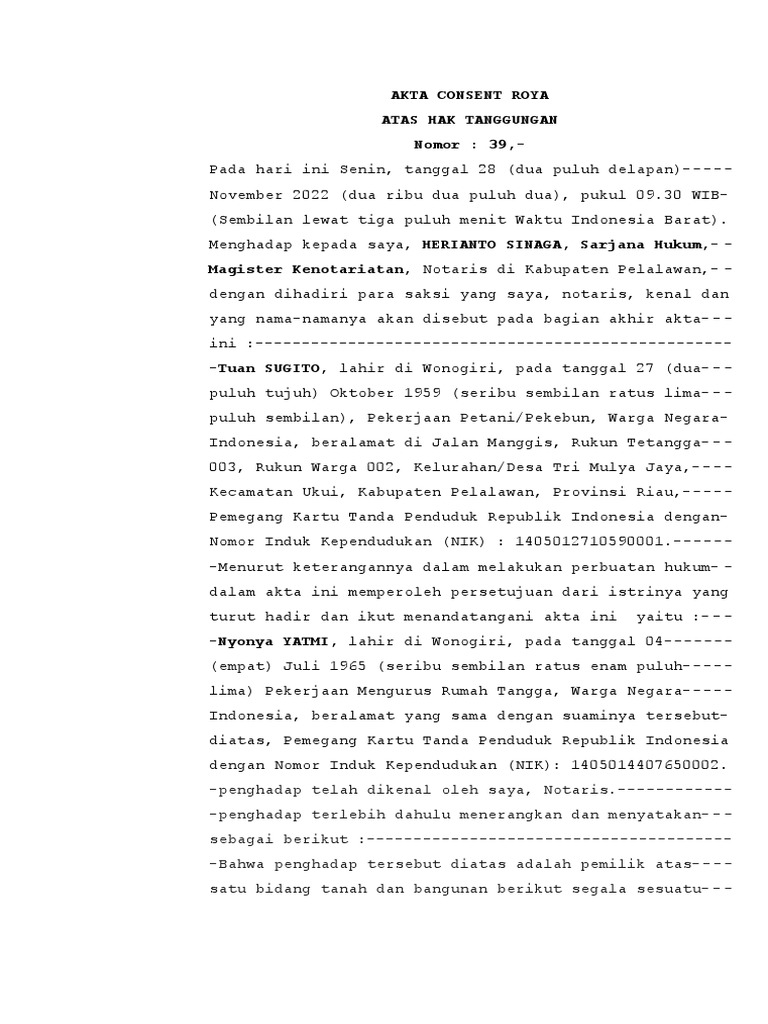 Akta Consent Roya Hak Tanggungan | PDF