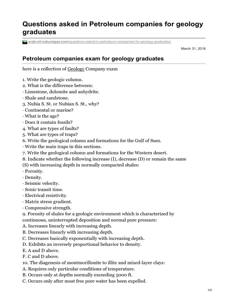 Questions Asked in Petroleum Companies For Geology Graduates PDF