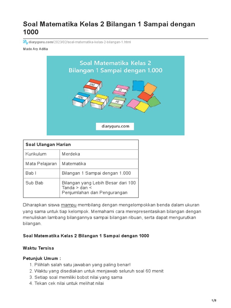 Soal Matematika Kelas 2 Bilangan 1 Sampai Dengan 1000 Pdf