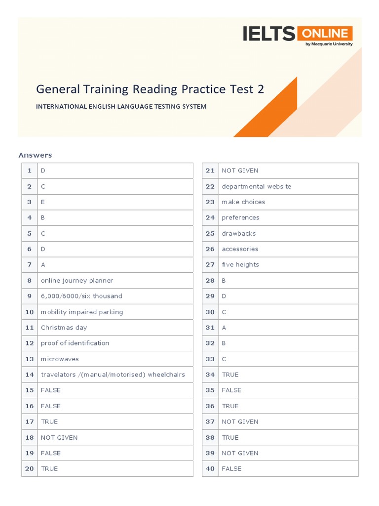 IELTS General Training Test Answers | PDF