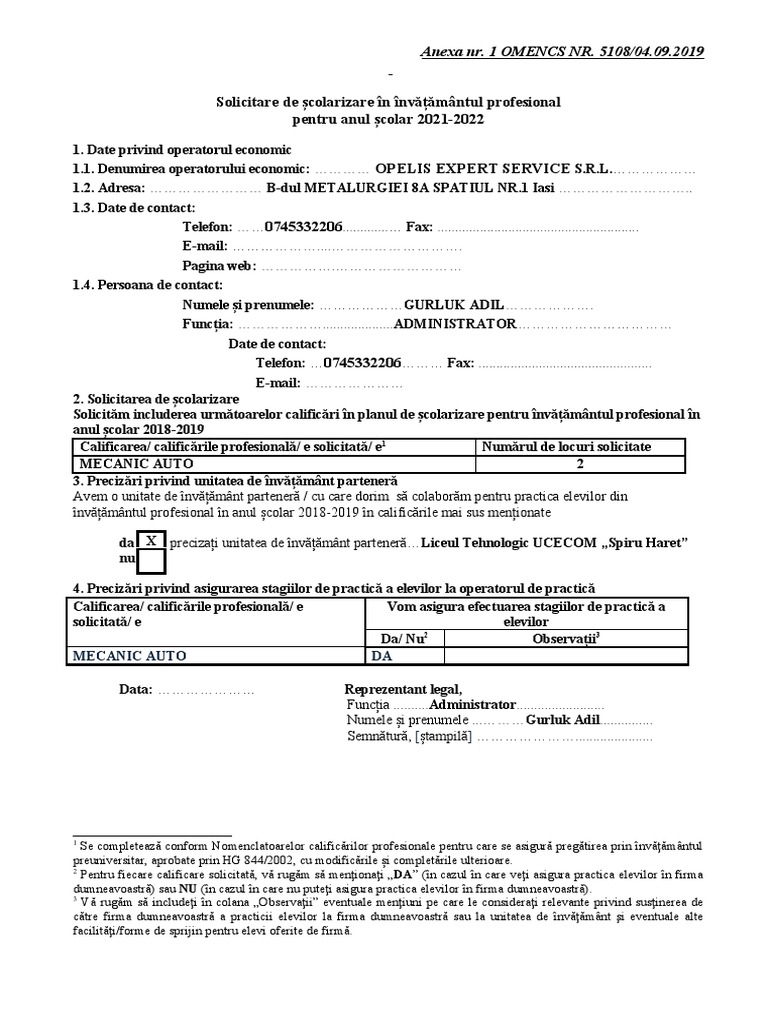 Model Solicitare Scolarizare Invatamant Profesional OPELIS EXPERT ...