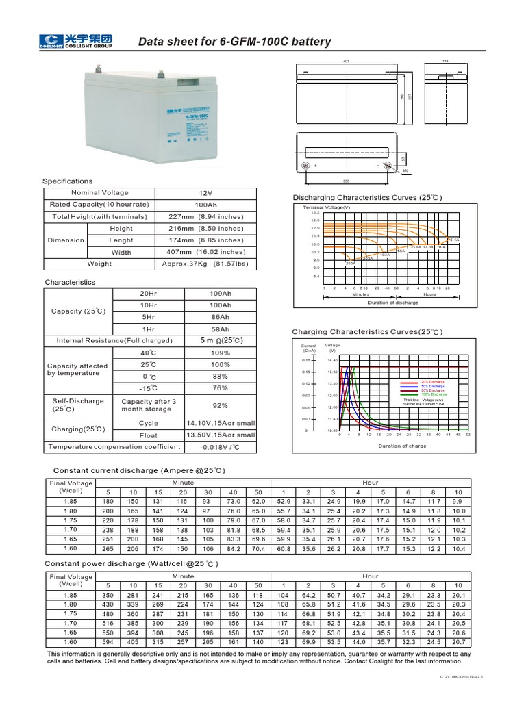 Data Sheet For 6-GFM-100C Battery: Specifications | PDF | Discharge ...