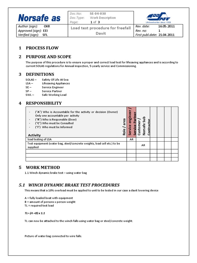 SE-04-030 Loat Test Procedure For Freefall Davit | PDF