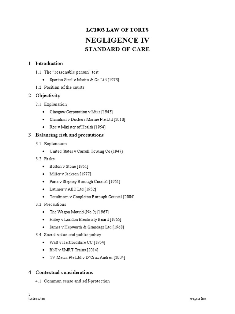 Torts 05 Negligence IV - Standard of Care | PDF | Duty Of Care ...