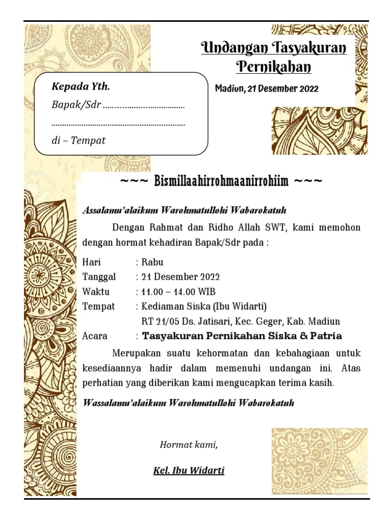 Undangan Tasyakuran Pernikahan | PDF