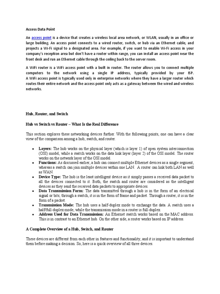 Hub Router and Switch | PDF | Computer Network | Network Switch
