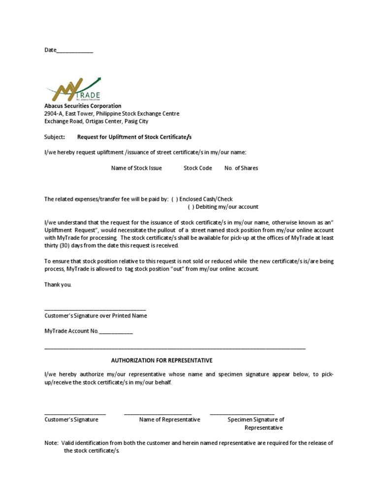 Request for Stock Certificate Upliftment | PDF