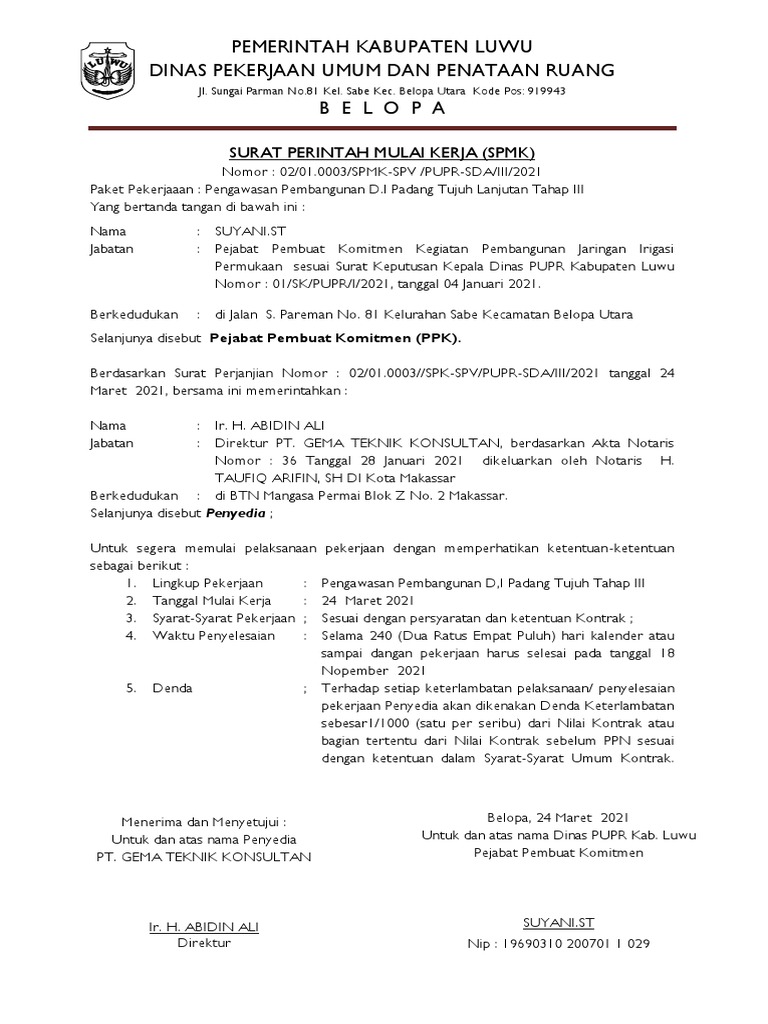 Contoh Surat Perintah Mulai Kerja | PDF | Pengelolaan Keuangan & Uang ...