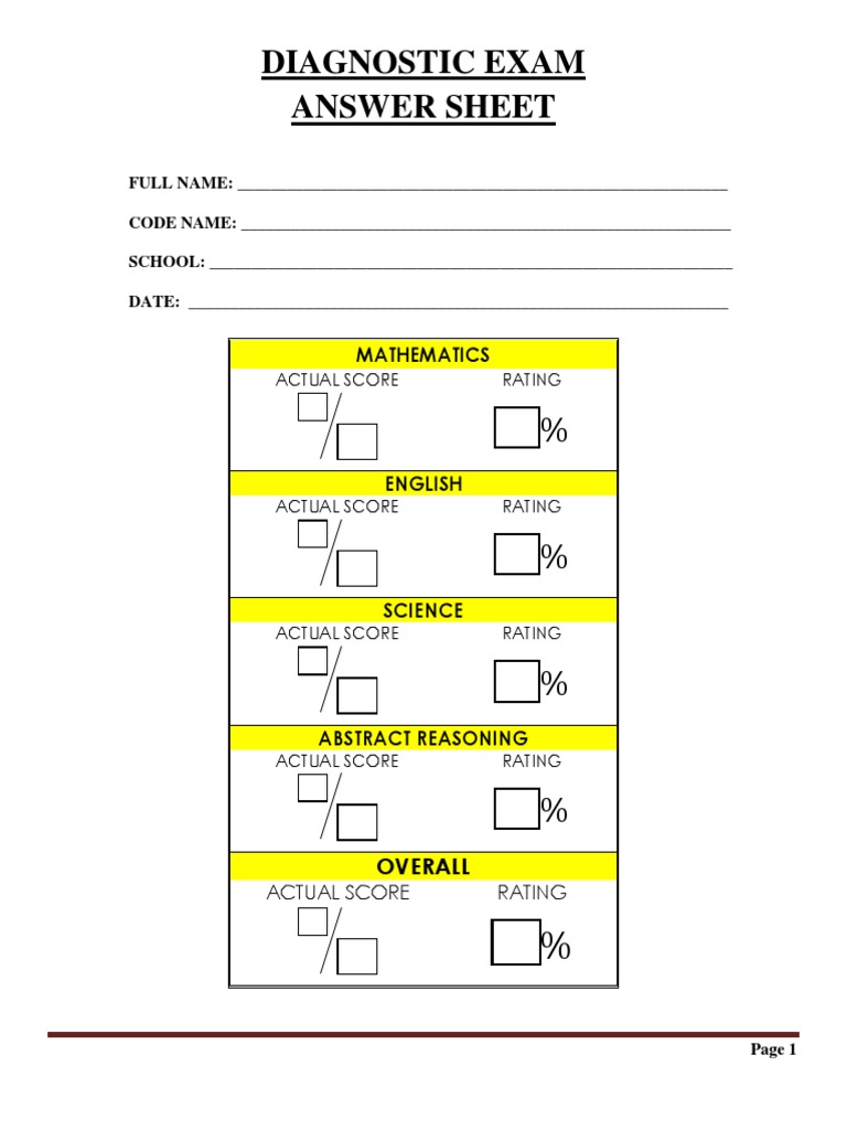 2023 Pisay - Diag Exam Answer Sheet | PDF