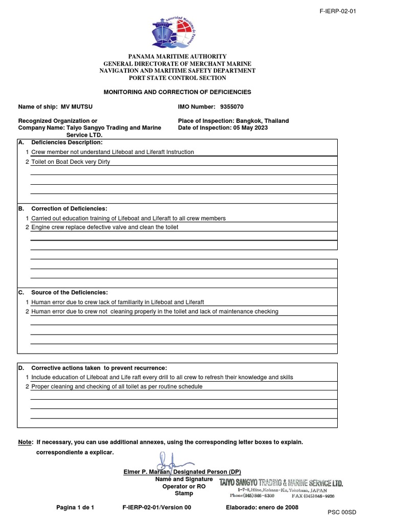 Panama Monitoring and Correction of Deficiencies Mutsu PDF