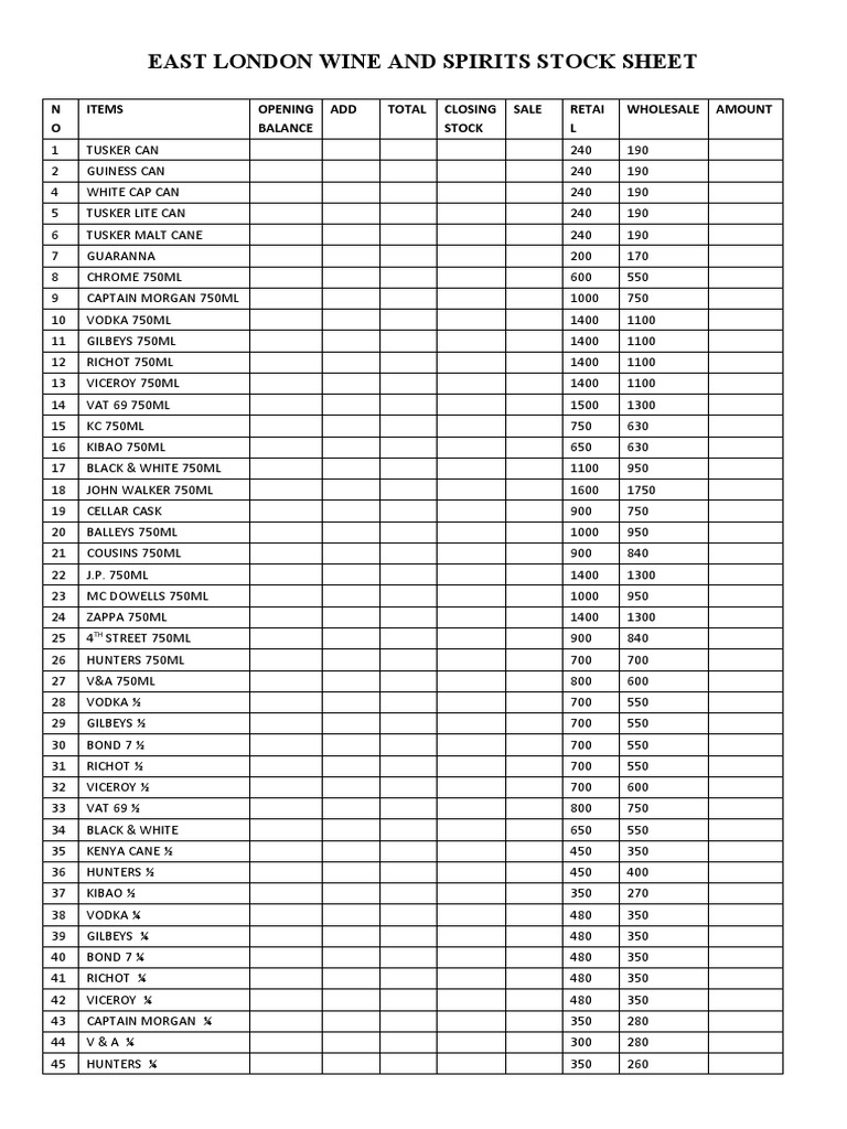 East London Wine & Spirits Stock List | PDF | Food And Drink ...