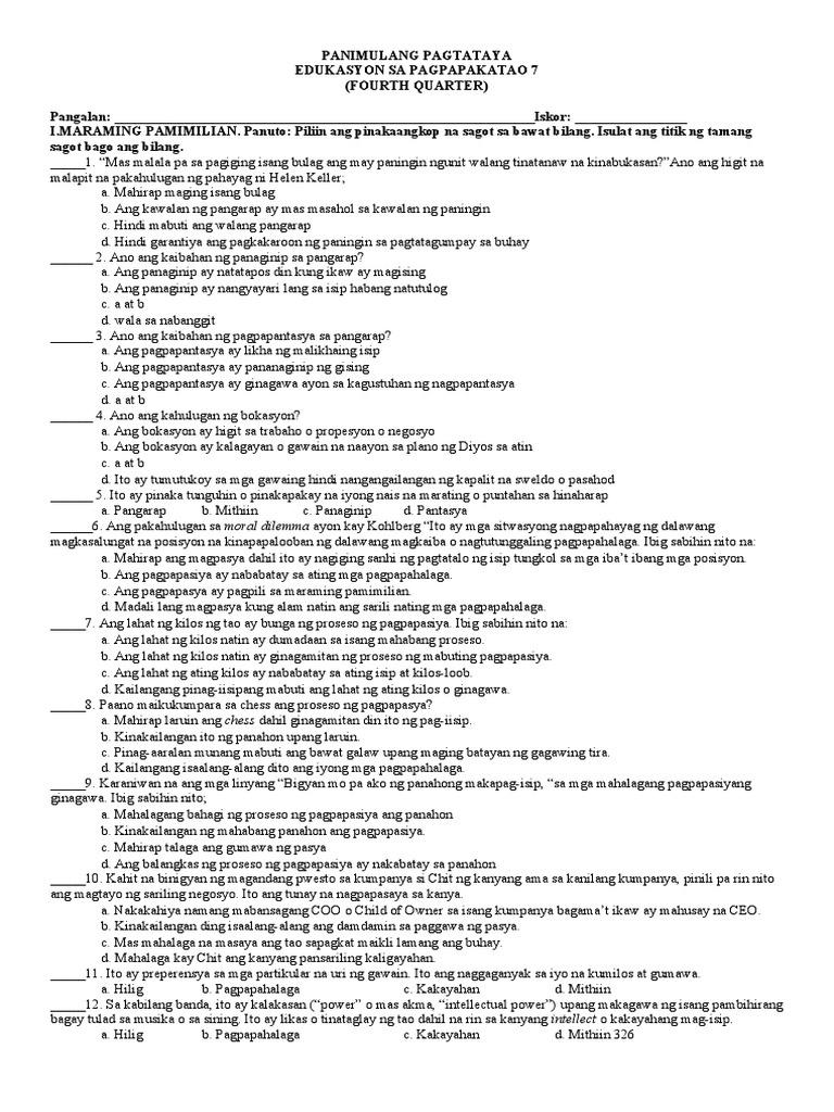 Grade 7 - 0 EsP Panimulang Pagsusulit.4 | PDF