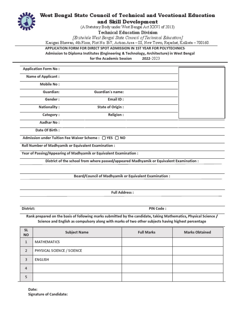 Spot Admission Form for 1st Year Polytechnics | PDF