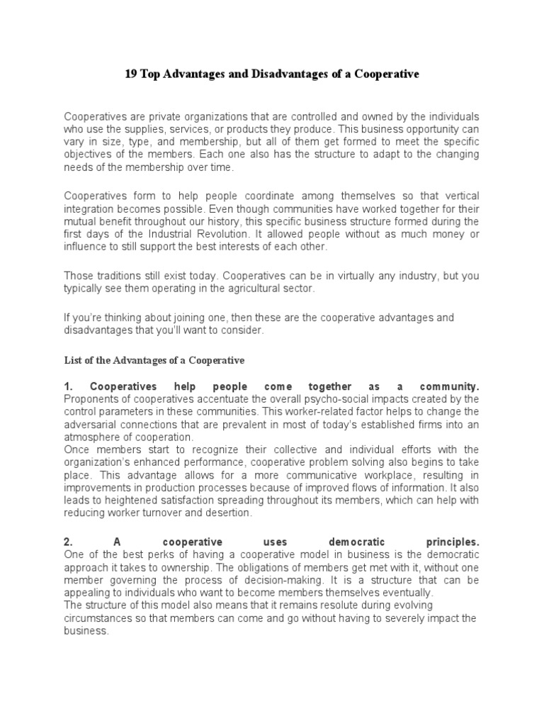 19 Top Advantages and Disadvantages of A Cooperative PDF
