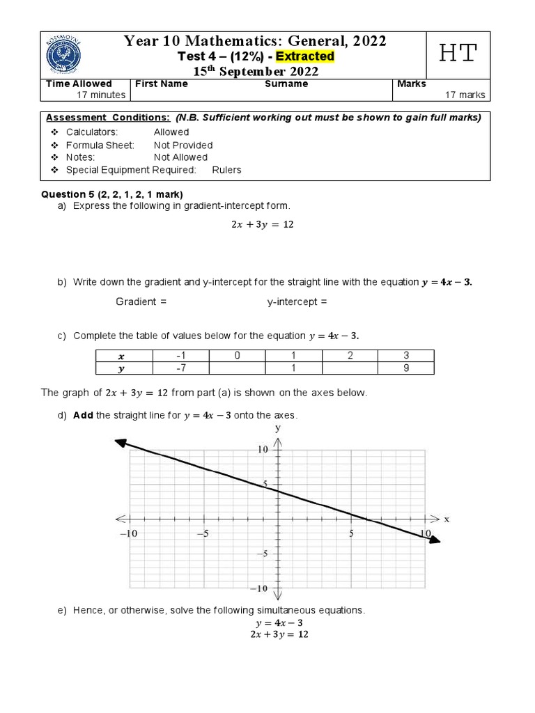 Year 10 Math Test: Simultaneous Equations | PDF