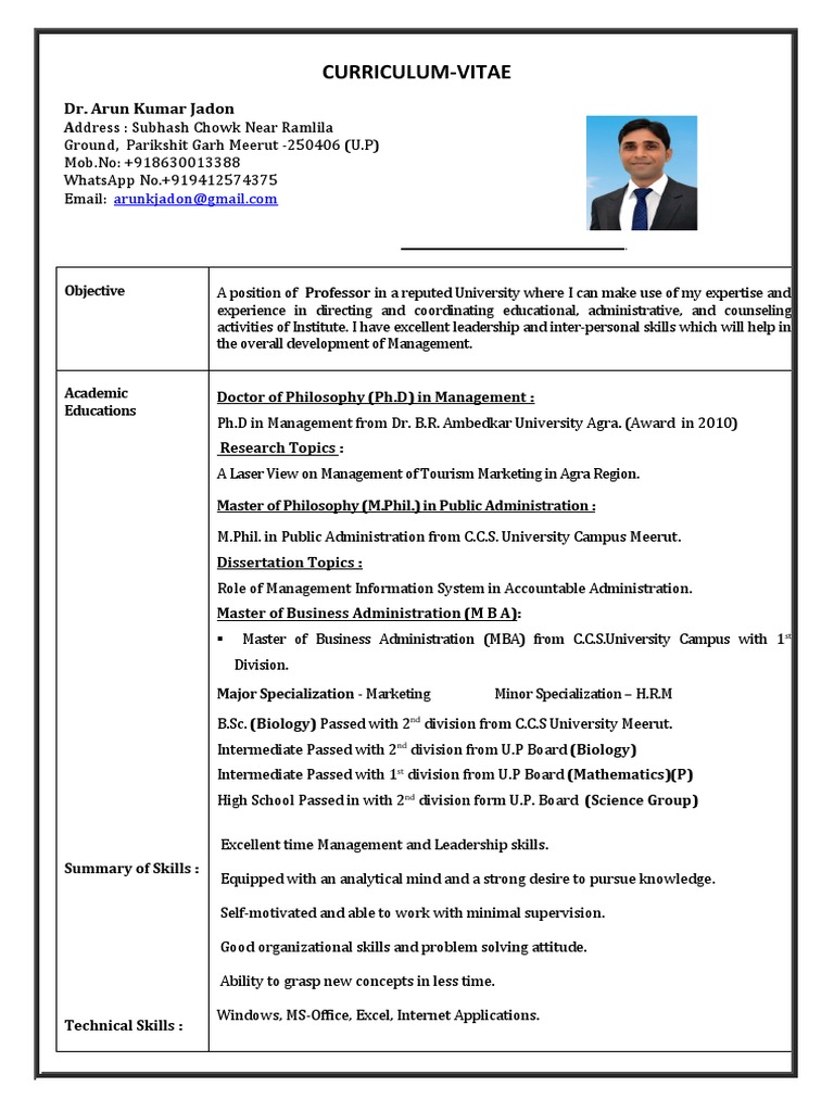 Curriculum Vitae of Dr. Arun Kumar Jadon | PDF | Doctor Of Philosophy ...