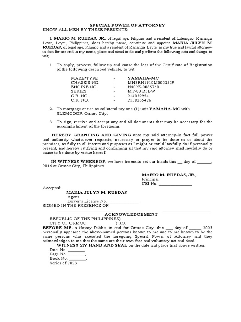 Special Power of Attorney(Lto) PDF Power Of Attorney Government