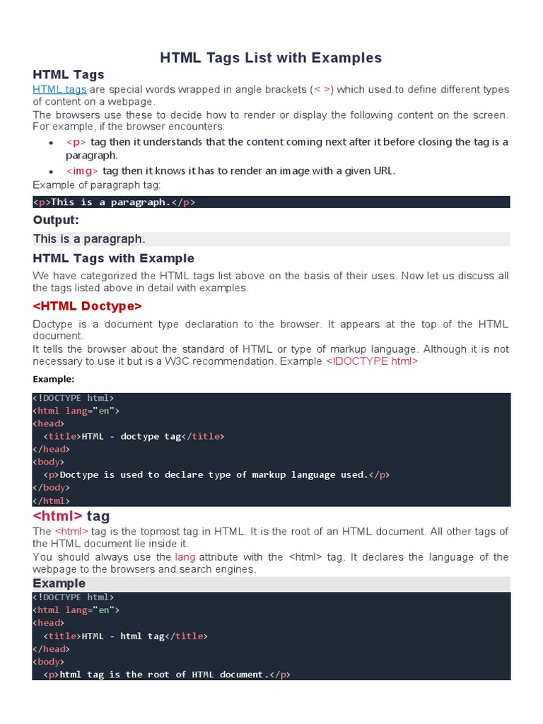 HTML Tags List With Examples | Download Free PDF | Html Element | Html